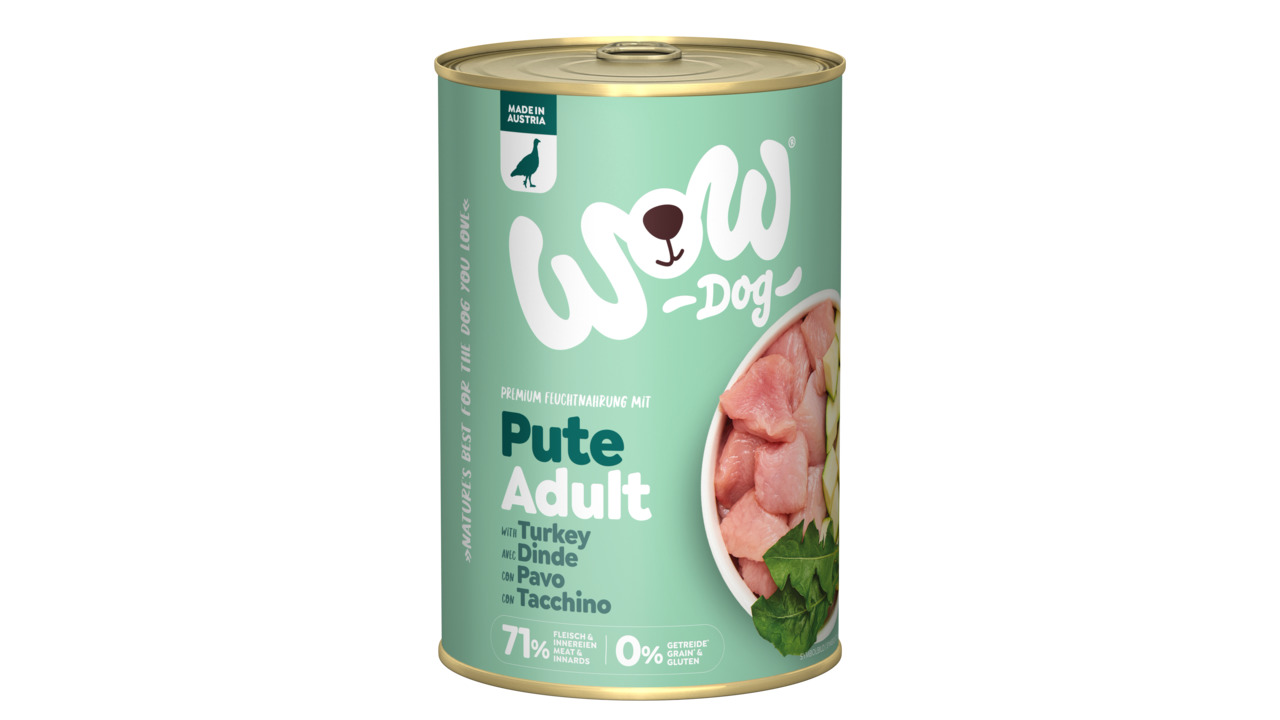 WOW DOG Hundefutter Pute, Adult, 71 % Fleisch & Innereien, getreide- & glutenfrei, hergestellt in Österreich.
