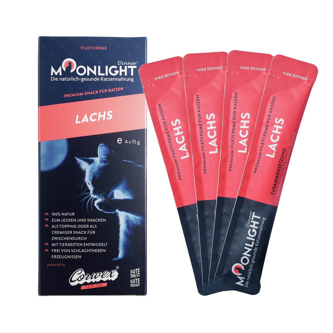 Moonlight Dinner Filetcreme Lachs, Snack f. Katzen, 100 % nat. Zutaten, ohne Schlachtnebenerz., 4x15g, cremig als Snack-Topping.