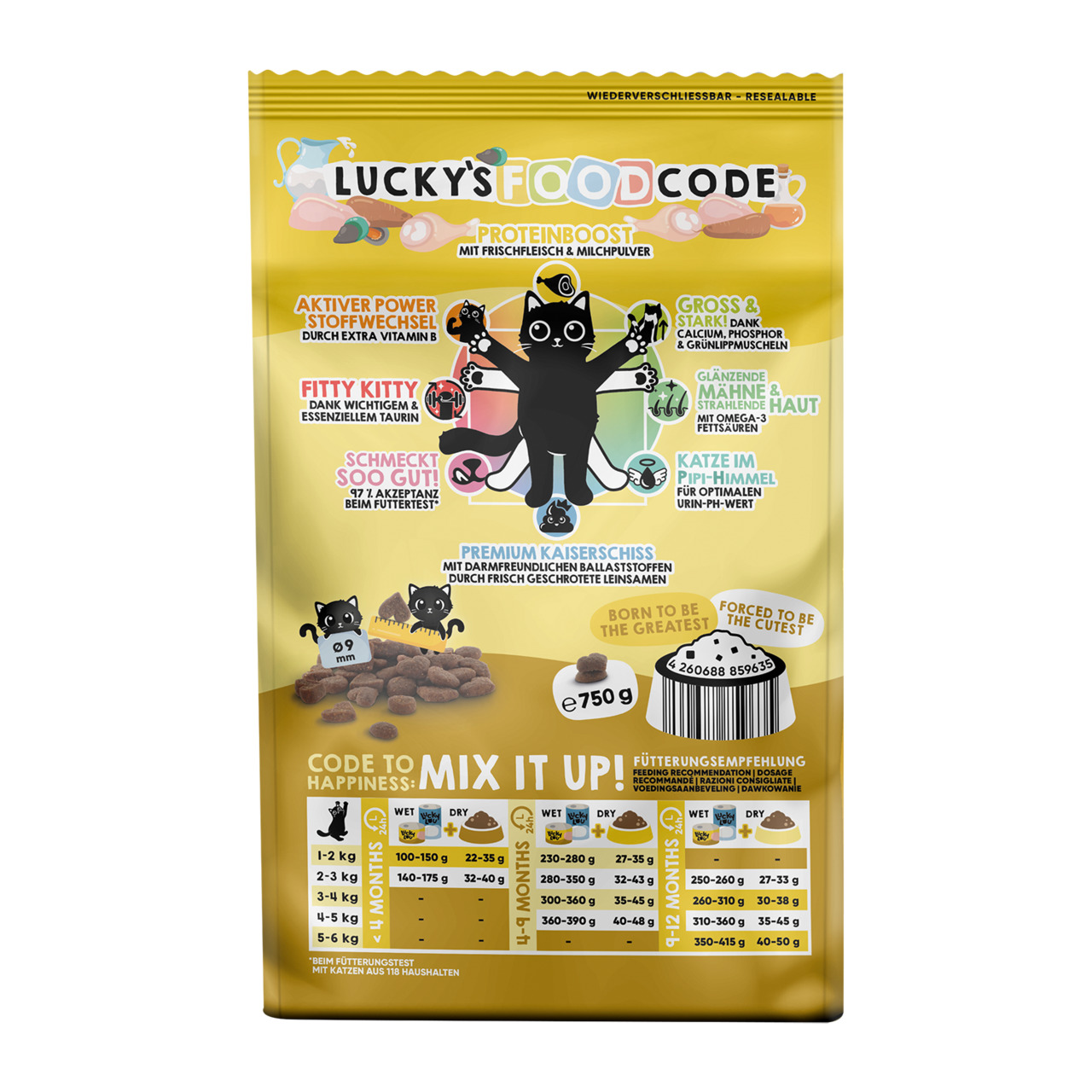 Das Bild zeigt eine goldfarbene Verpackung des Katzenfutters „Lucky's Food Code“ mit der EAN 4260688859635. Es handelt sich um ein Premium-Trockenfutter für Katzen mit einem Gewicht von 750 g. Die Zielgruppe sind Katzen aller Altersgruppen. Das Futter ent