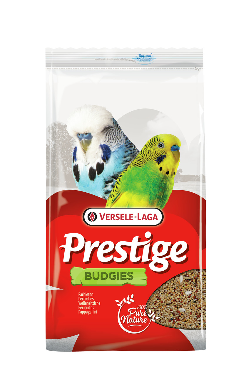 Versele-Laga Prestige Budgies, Vogelfutter f. Wellensittiche, 100% Pure Nature, Saatenmischung, 2 Wellensittiche auf Verpackung.
