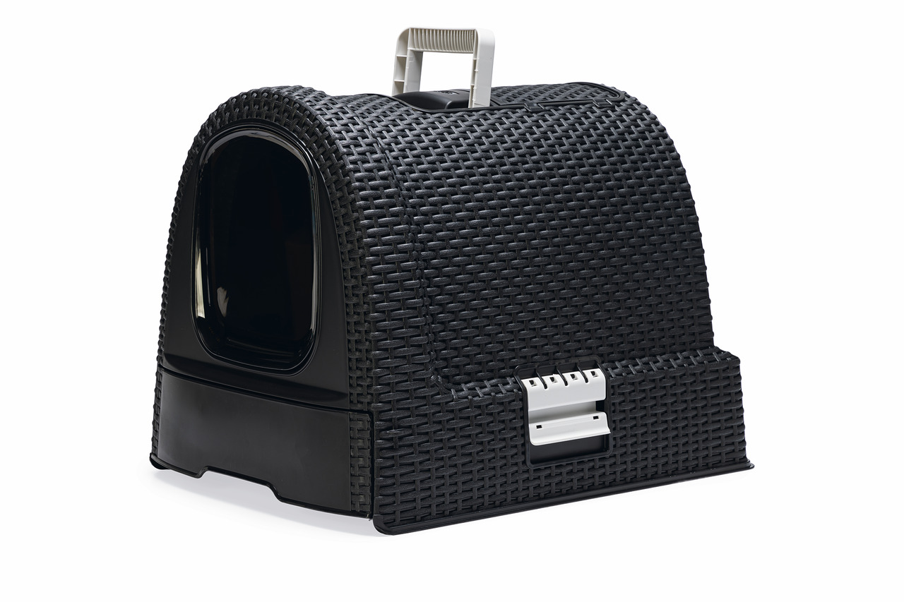 Katzentoilette „Curver Petlife“, Rattan-Optik, f. Katzen aller Größen, m. Schwingtür, Tragegriff, Schublade, 51x39x39 cm.