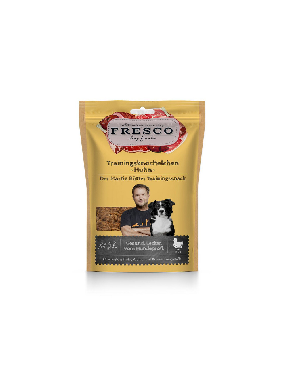 Das Bild zeigt eine gelbe Verpackung des Produkts „Fresco Trainingsknöchelchen – Huhn“, ein Trainingssnack für Hunde. Die Marke ist Fresco, und das Produkt richtet sich an Hundebesitzer. Die Geschmacksrichtung ist Huhn. Die Verpackung enthält 150 g und wi