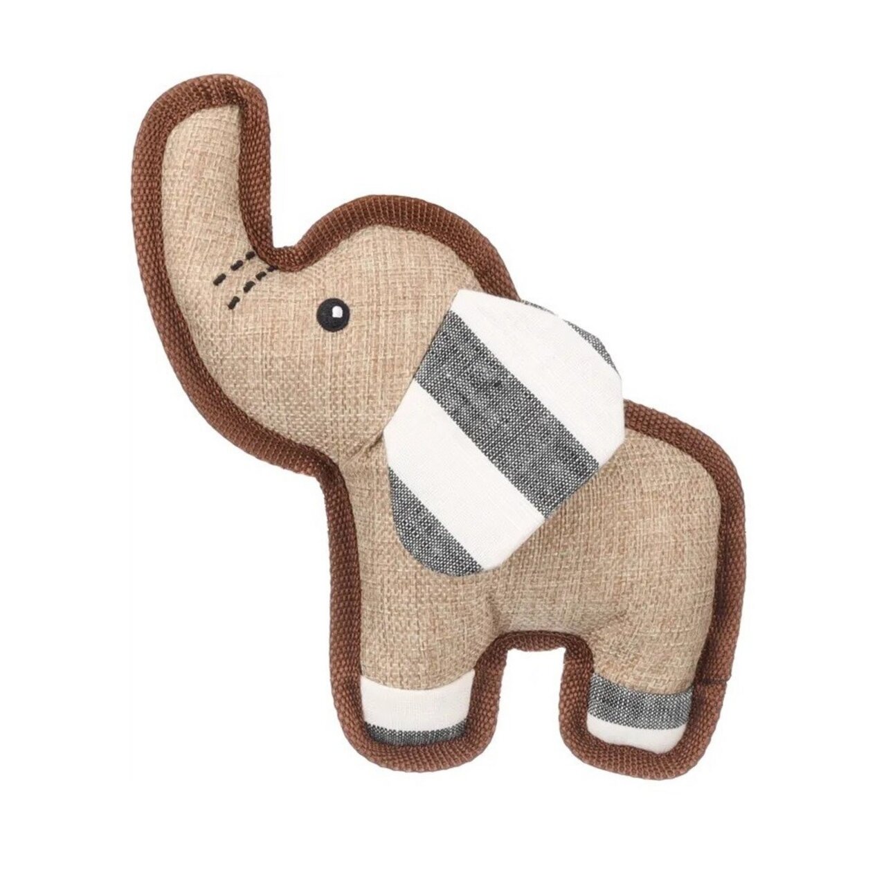 Flamingo Hundespielzeug Elefant, Jutestoff Beige, Ohren Schwarz-Weiß, für Hunde, fördert Spielspaß & Zahnpflege, Details auf Bild.