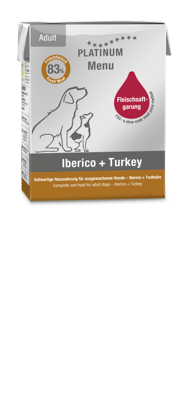 PLATINUM Menu Iberico+Turkey, Hundefutter f. ausgew. Hunde, Geschm.: Iberico+Truthahn, 83% Frischfleisch, 375 g, Fleischsaftgarung.