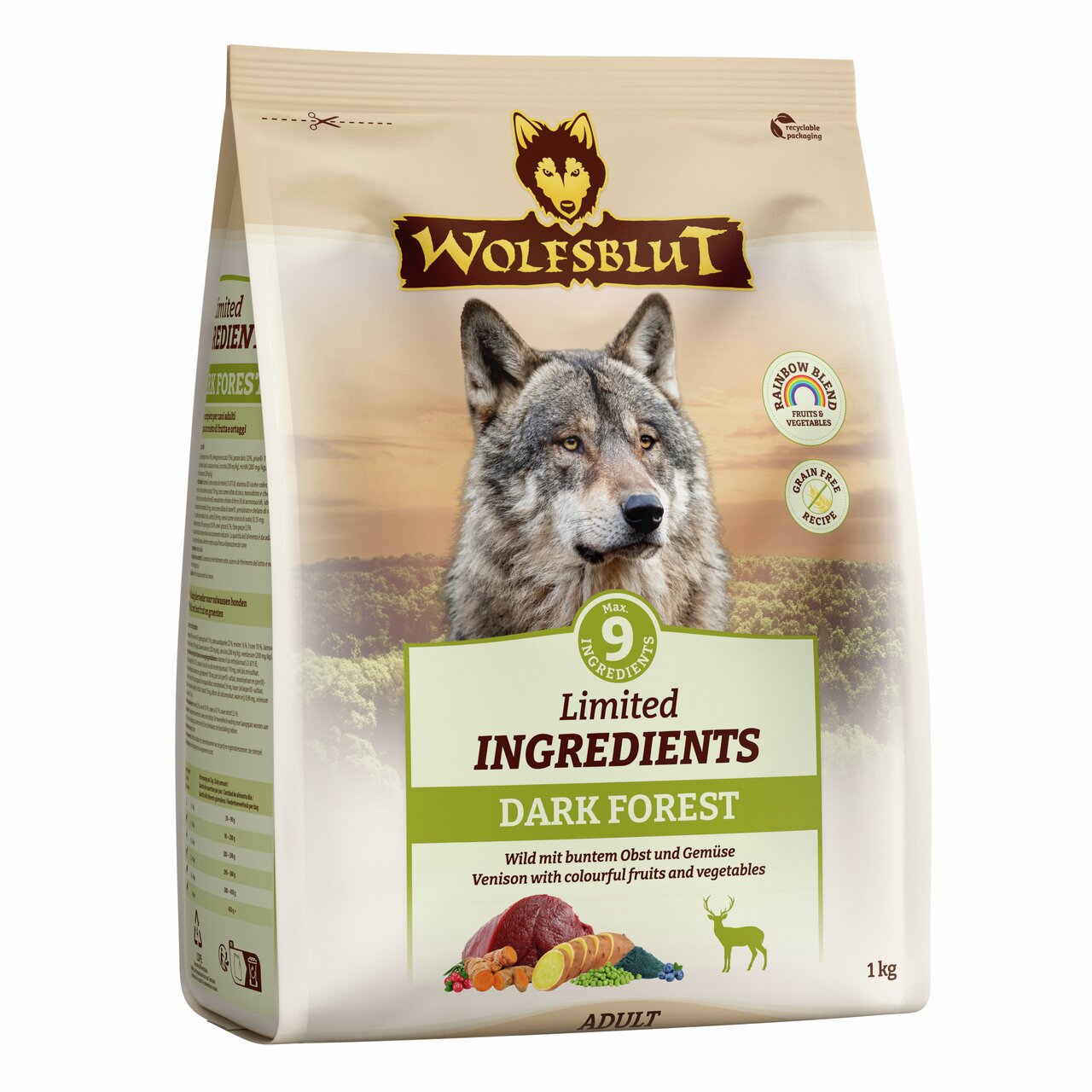 WOLFSBLUT Dark Forest Hundefutter für Erwachsene, Geschmacksrichtung Wild mit Obst & Gemüse, getreidefrei, 1 kg Packung.