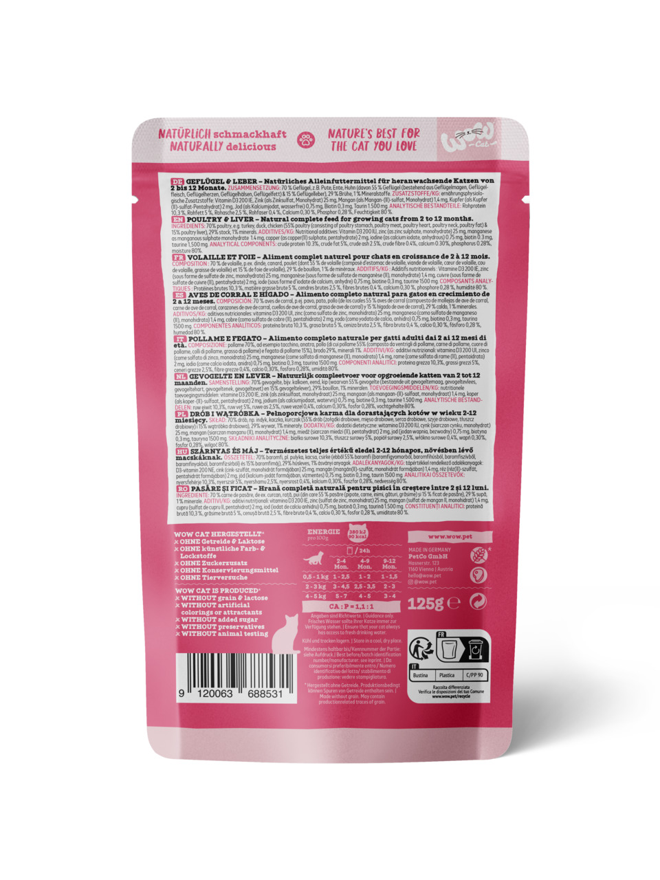 WOW CAT – Geflügel & Leber, Alleinfutter f. Katzen (2-12 Mon.), 125 g, getreidefrei, ohne Laktose, Farb-/Lockstoffe, Konservierungsmittel.