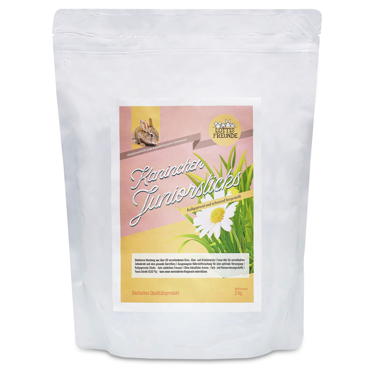Lottis Freunde Kaninchen Juniorsticks, Futter f. junge Kaninchen, Gräser-Kräuter-Luzerne, 2 kg, deutsches Qualitätsprodukt.