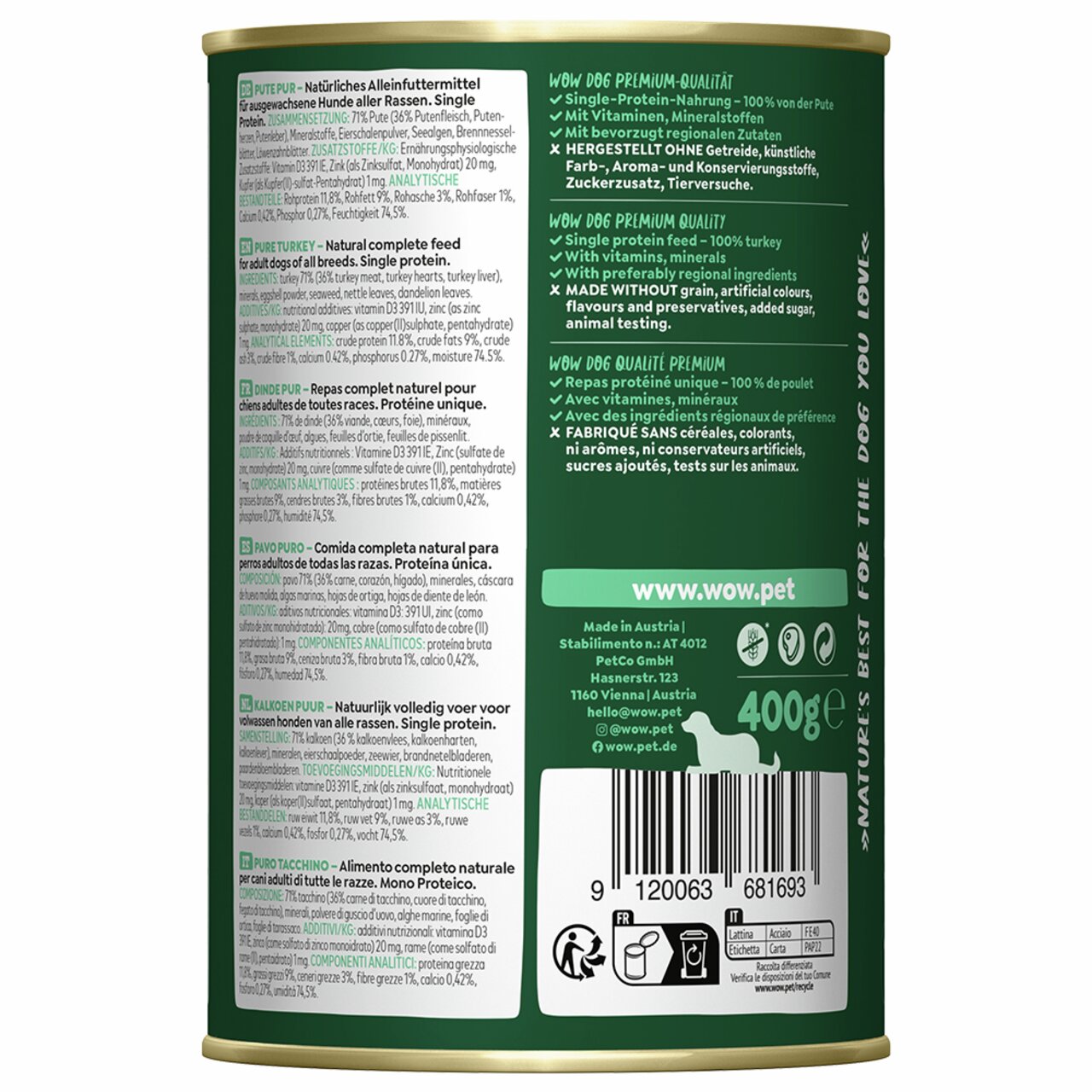 WOW DOG Pute Pur, Hunde aller Rassen, Geschmacksrichtung Pute, 400 g. Ohne Getreide, künstliche Zusatzstoffe und Zuckerzusatz.