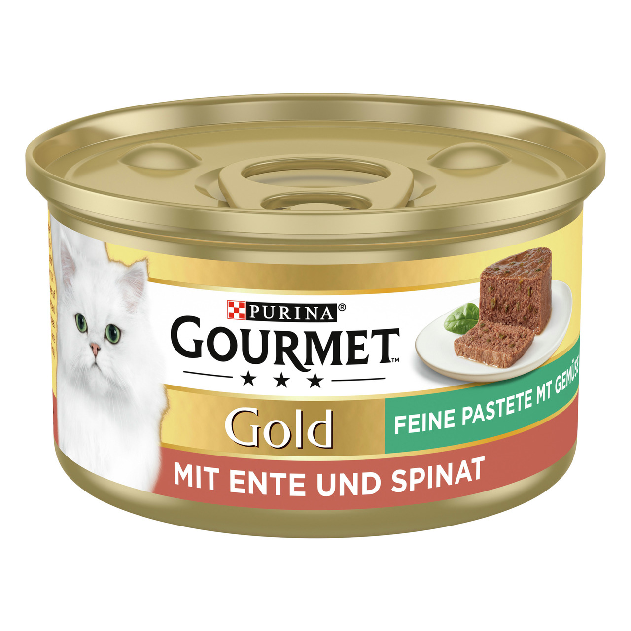 Das Bild zeigt eine goldene Dose Katzenfutter der Marke Purina Gourmet Gold. Es handelt sich um eine feine Pastete mit Ente und Spinat, speziell für Katzen. Auf der Verpackung ist eine weiße Katze abgebildet, daneben ein Teller mit der Pastete. Die Menge 