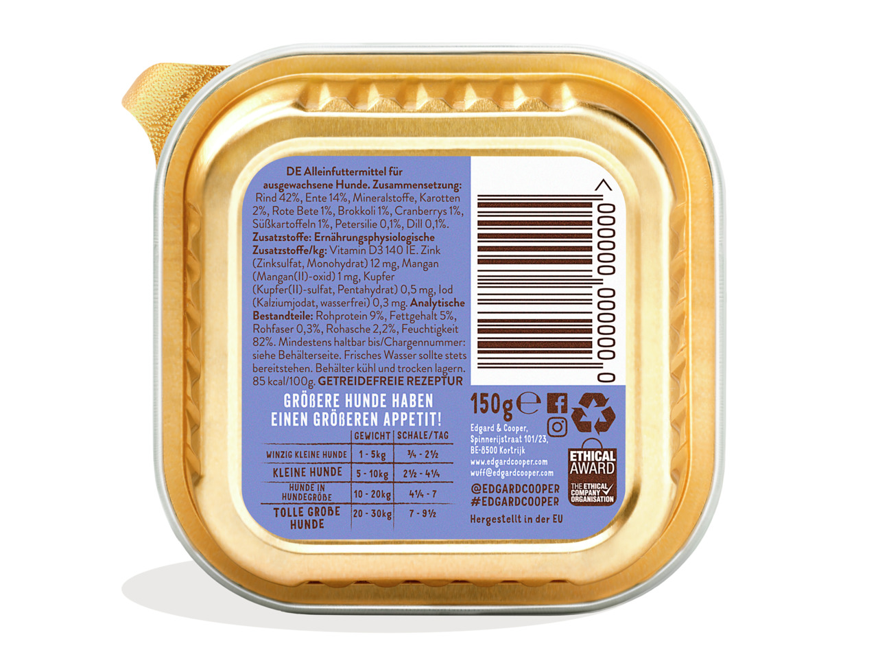 Edgard & Cooper Hundefutter, Ente, 150g, für ausgewachsene Hunde, getreidefrei, natürliche Zutaten, nachhaltig, ethisch.