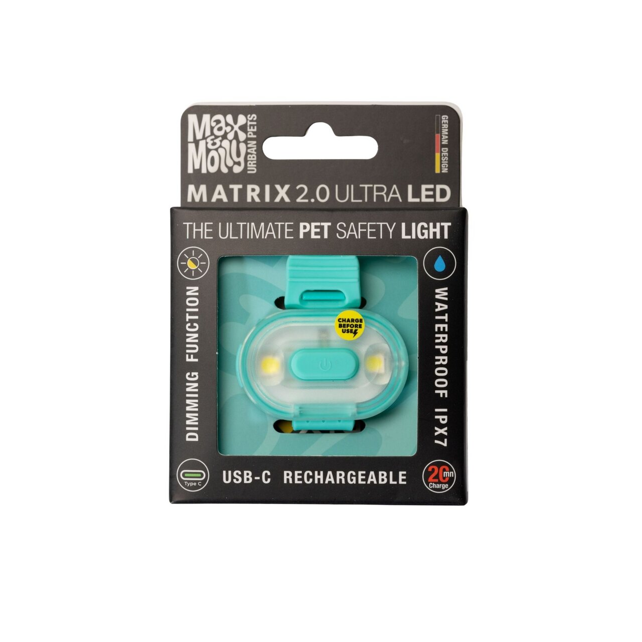Max & Molly Matrix 2.0 Ultra LED, türkis, USB-C, IPX7, dimmbar, 2h Laufzeit, für Hundehalter, wiederaufladbare Sicherheitsleuchte.