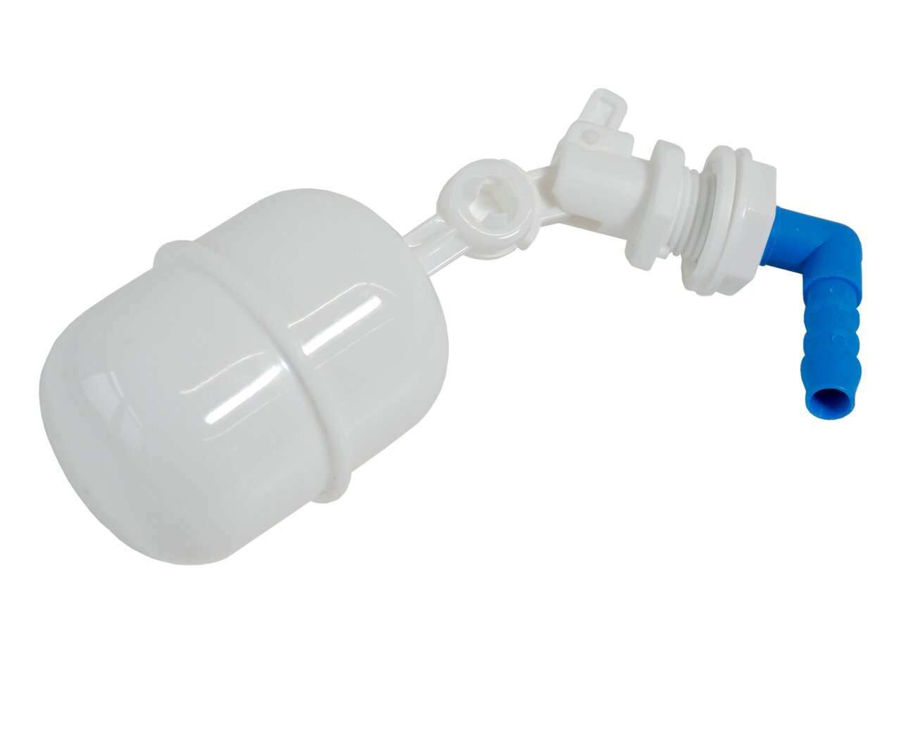 Das Bild zeigt das Produkt "Aqua Medic Nachfüllautomatik", eine automatische Nachfüllvorrichtung für Aquarien. Es besteht aus einem weißen Schwimmerventil und einem blauen Anschlussstück. Die Vorrichtung dient der Regulierung des Wasserstands in Aquarien 
