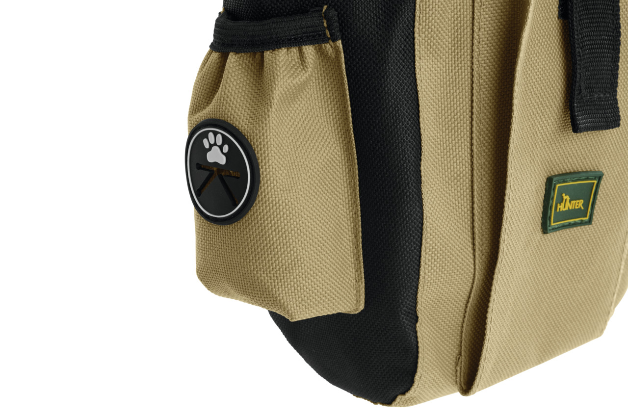 HUNTER Leckerlitasche für Hundebesitzer, beige-schwarz, robust, mit Clip, Pfoten-Logo, ideal für Training & Spaziergänge.