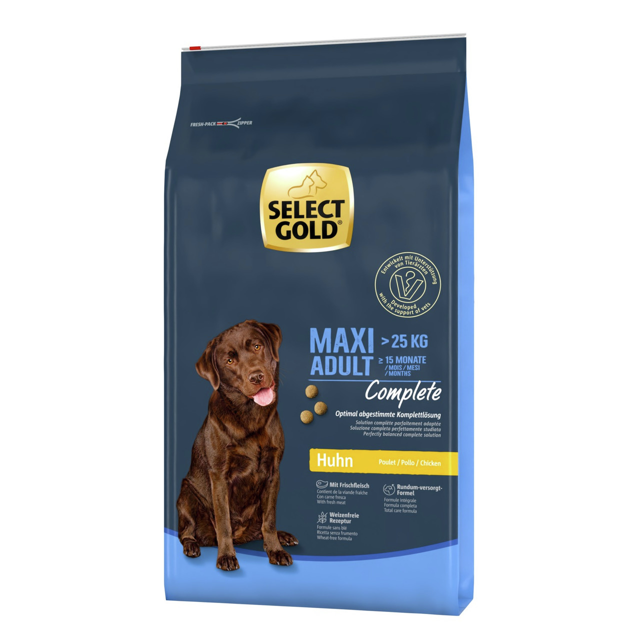 Select Gold Maxi Adult Complete, Huhn, für Hunde ab 15 Mon./25 kg, mit Frischfleisch, ausgewogener Formel, weizenfrei.