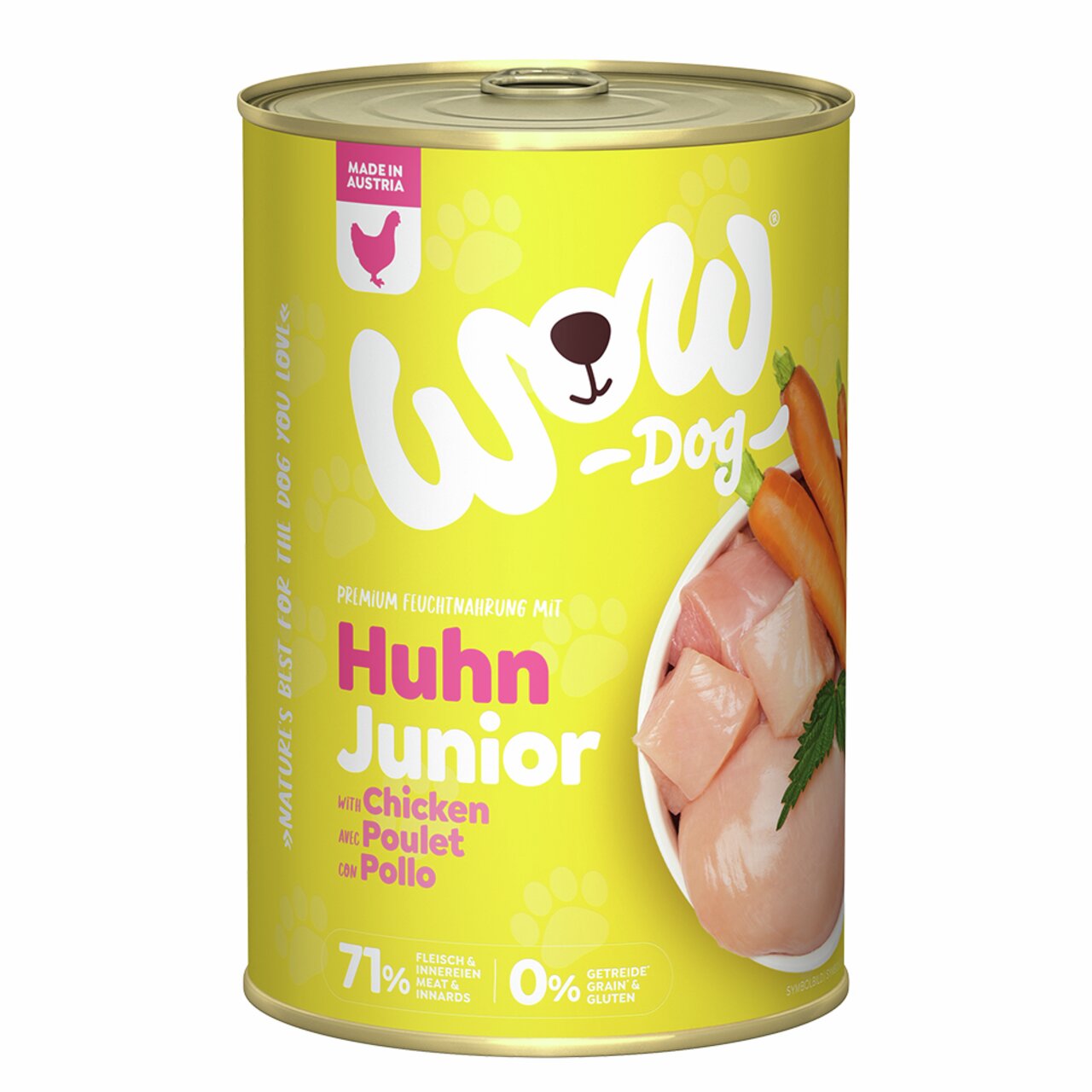WOW DOG Huhn Junior Nassfutter für Junghunde, Geschmack: Hühnchen. 71% Fleisch, getreidefrei. Menge: eine Dose. Made in Austria.