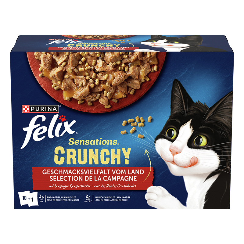 Purina Felix Sensations Crunchy Katzenfutter, Geschmacksvielfalt vom Land, 10+1 Beutel, Rind-Huhn-Kaninchen-Lamm in Gelee.
