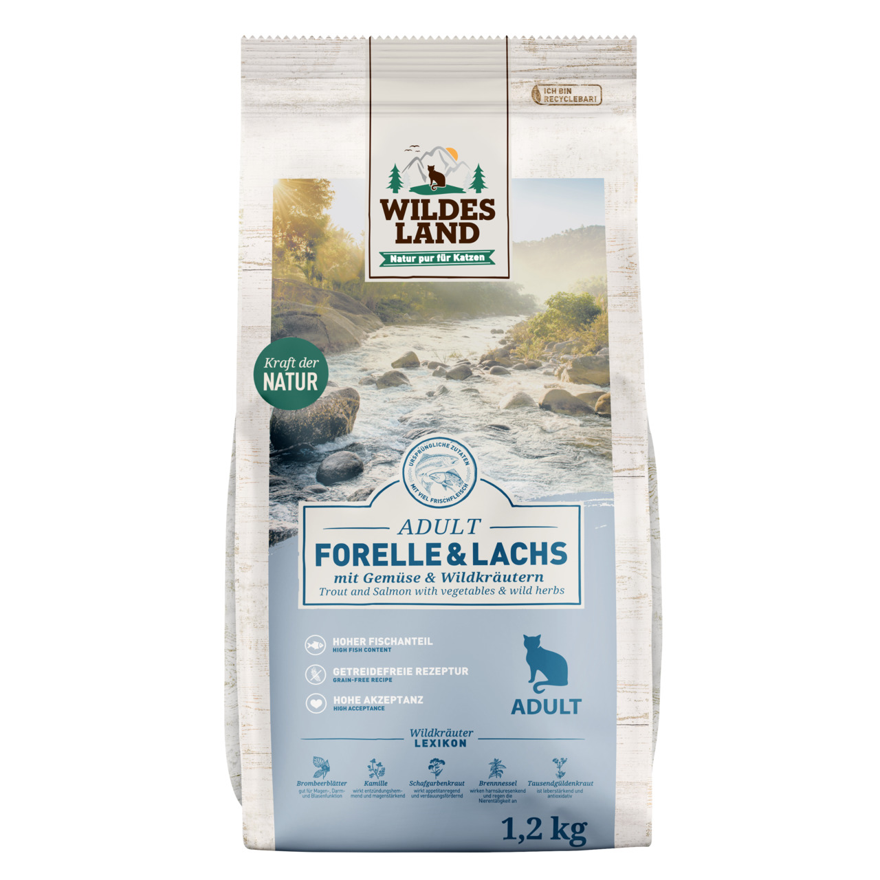 Wildes Land Adult Forelle & Lachs, für ausgewachsene Katzen, getreidefrei, hoher Fischanteil, 1,2 kg, hohe Akzeptanz.