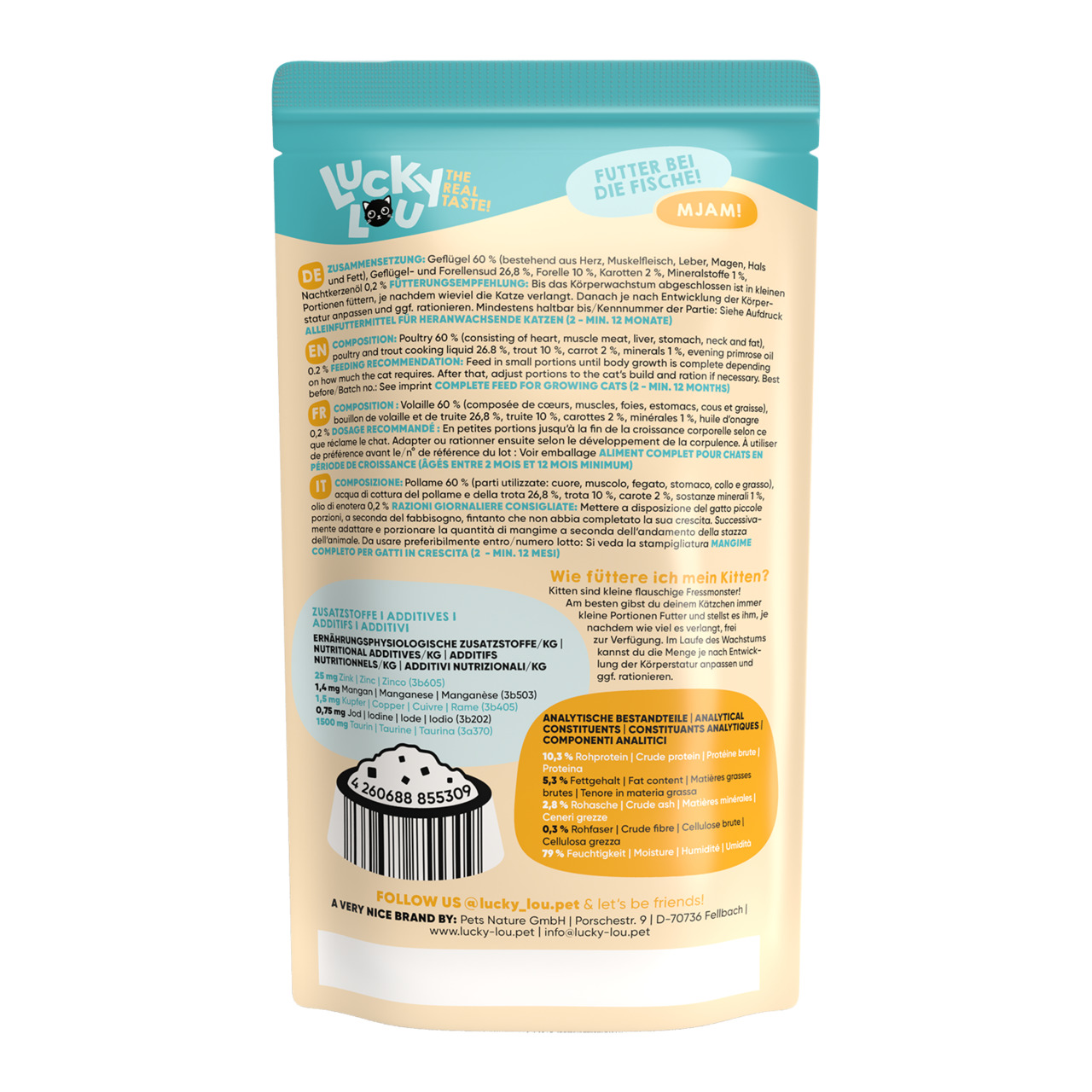 Lucky Lou – Futter bei die Fische! Mjami, für Katzen/Kitten, Geflügel, 200 g, mit Inhaltsstoffen, Bestandteilen & Fütterungsempfehlungen.