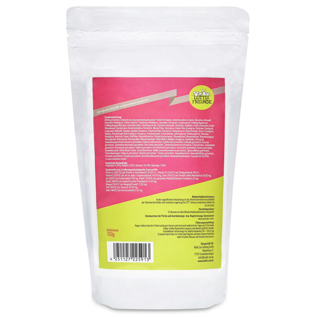 Lottis Freunde Alleinfuttermittel für ausgewachsene Katzen, 750 g, hochwertig, farbenfrohes Etikett in Rot/Gelb.