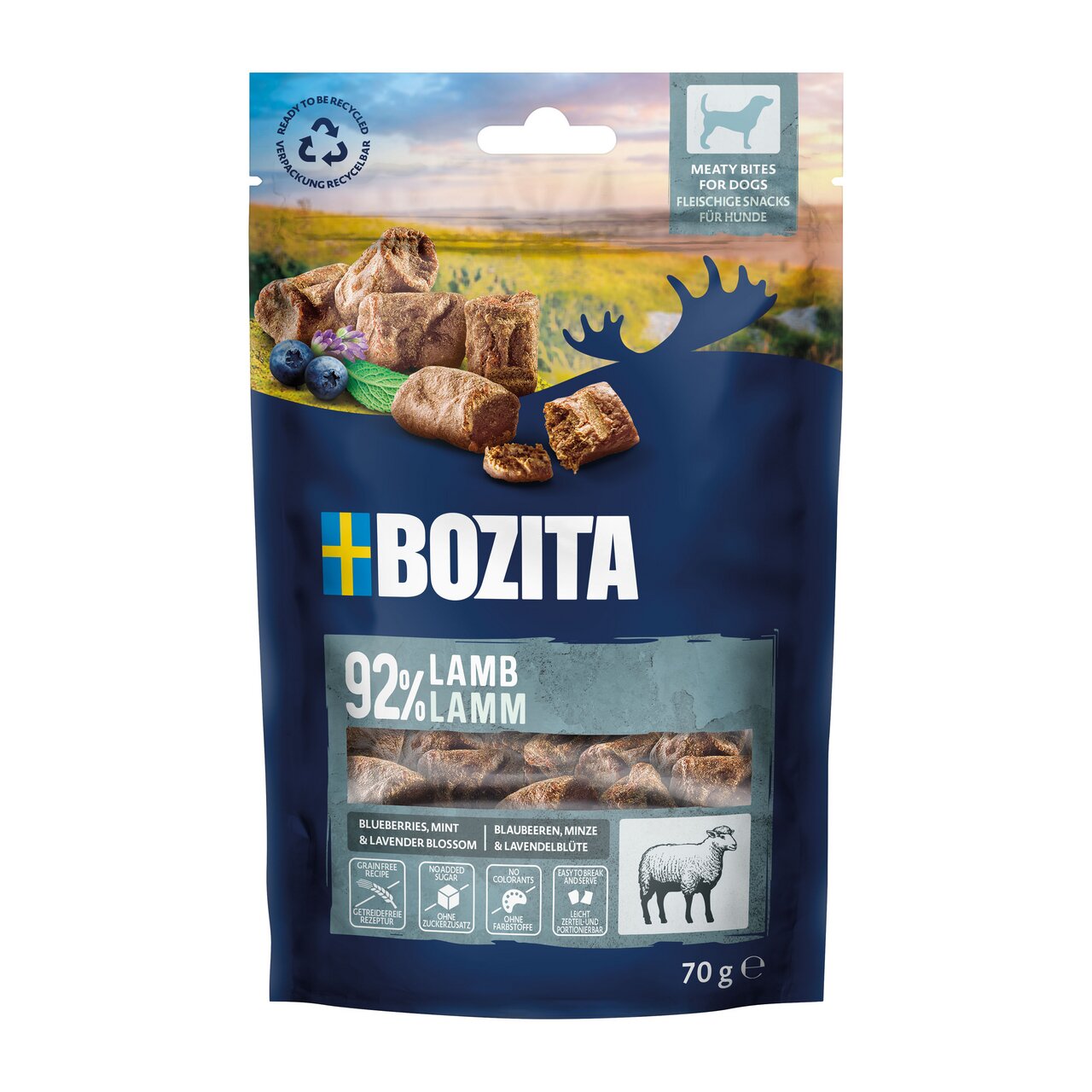 Bozita Fleischsnack für Hunde, Lammgeschmack, 92 % Lamm, mit Blaubeeren, Minze und Lavendelblüte, 70 g, ohne Zusatz von Zucker.
