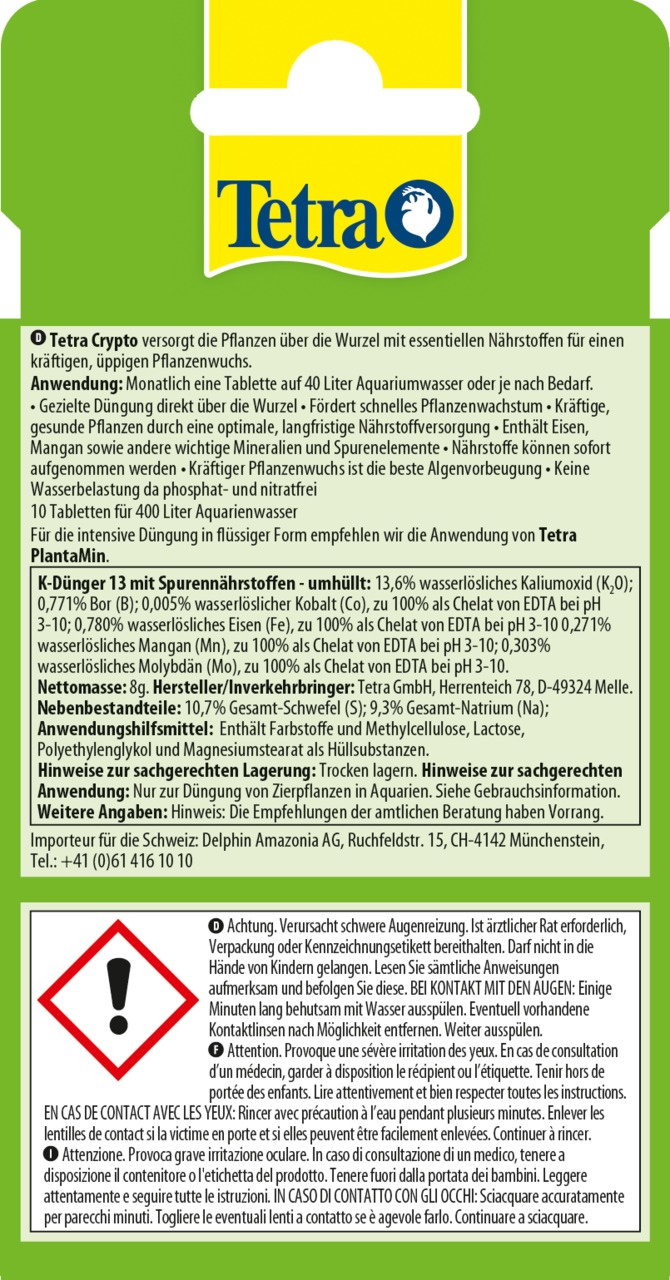 Tetra Crypto, Dünger für Aquarienpflanzen, 8 g Tabletten, für 400 l Wasser, fördert Pflanzenwachstum mit Eisen & Mangan.
