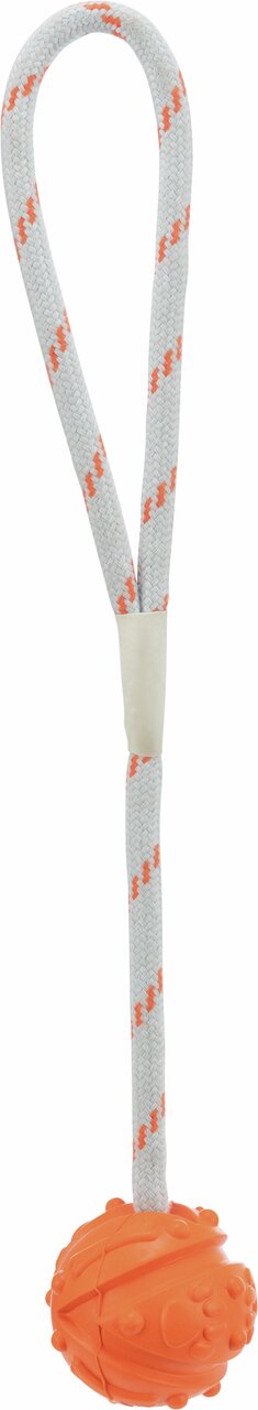 Kauspielzeug für Hunde von TRIXIE, aus robustem Material mit Seil und Ball, fördert die Zahnreinigung, orange Farbe.