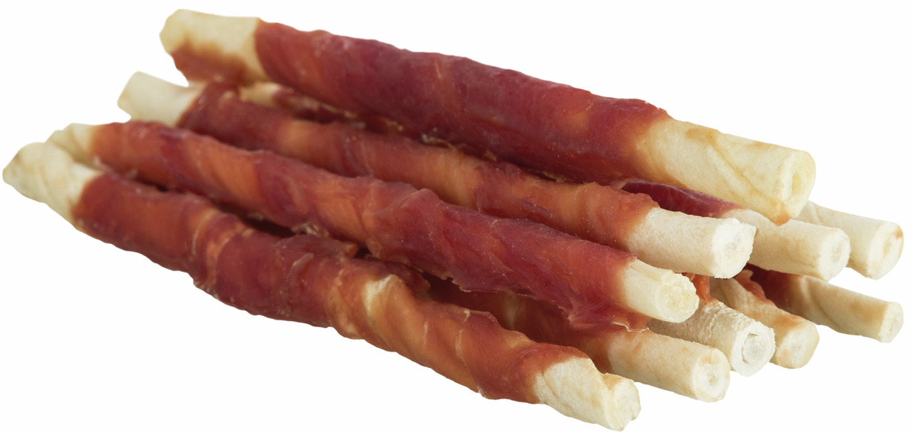 Stapel von TRIXIE Kausticks für Hunde, umwickelt mit getrocknetem Hähnchenfleisch. Die Leckerlis sind ideal für mittelgroße bis große Hunde und bieten eine schmackhafte Beschäftigung. Geschmacksrichtung: Huhn. Menge: 100 g. Perfekt zur Zahnpflege und als 
