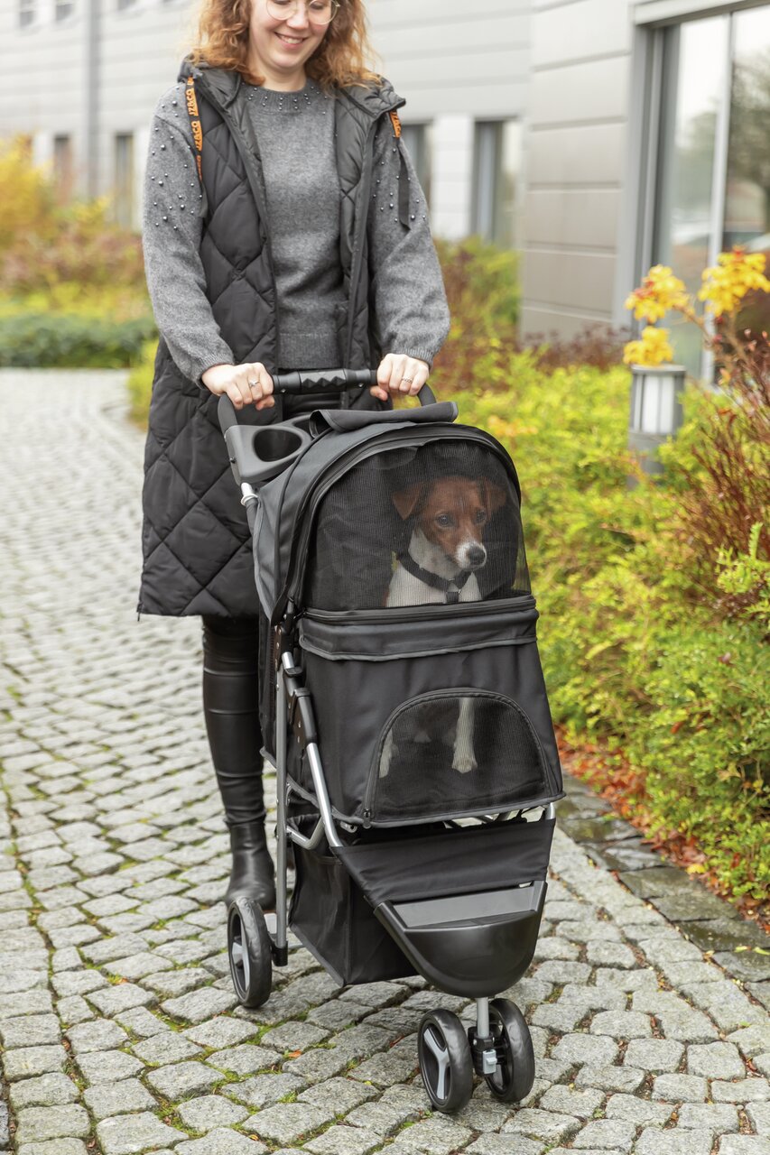 Eine Frau schiebt einen TRIXIE Hundebuggy für Hunde auf einem gepflasterten Weg. Der Buggy hat ein schwarzes Netz und einen Korb.