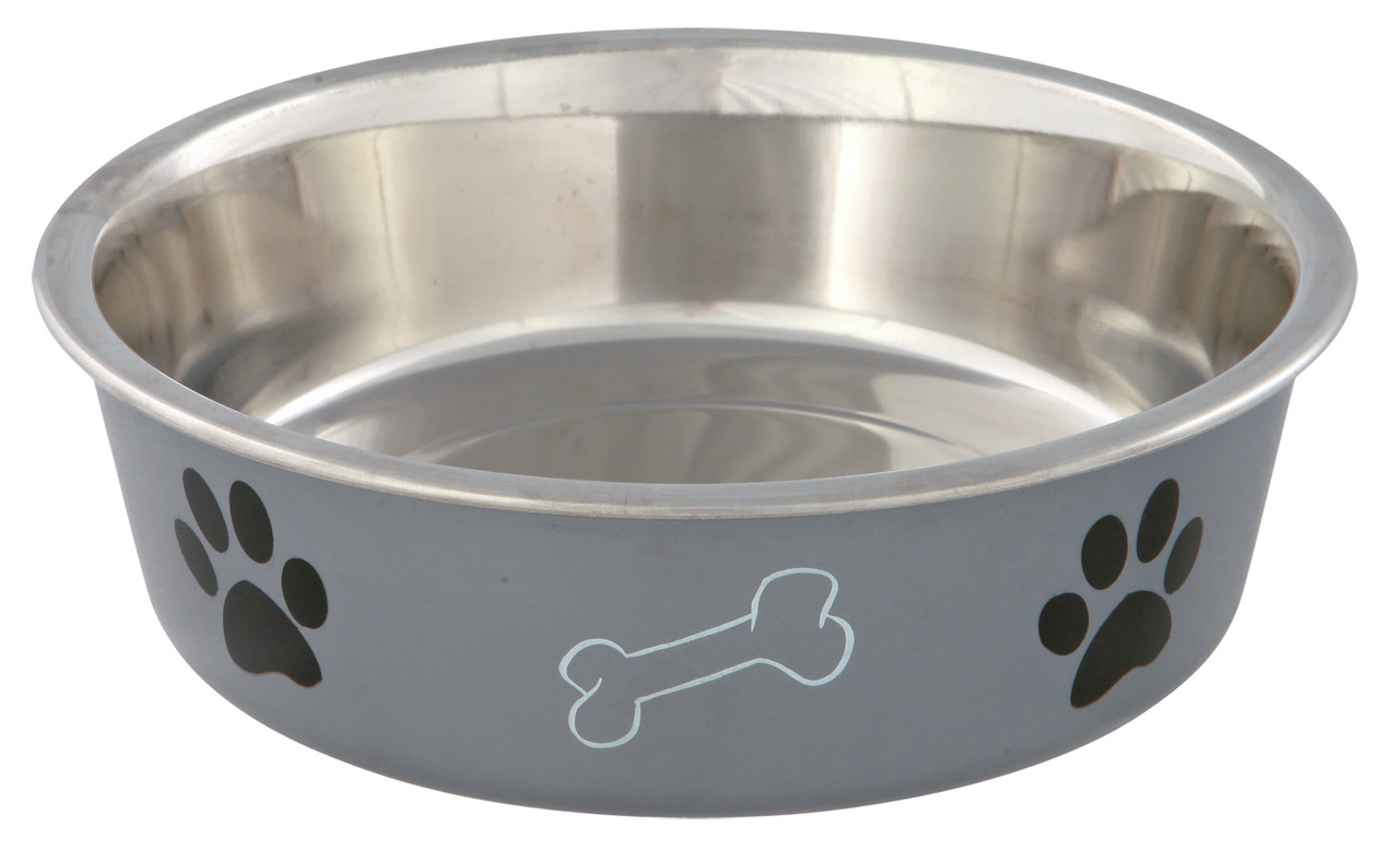 TRIXIE Futternapf aus Edelstahl, für Hunde, grau mit Pfoten & Knochenmotiv, robust, leicht zu reinigen, ideal für Futter/Wasser.