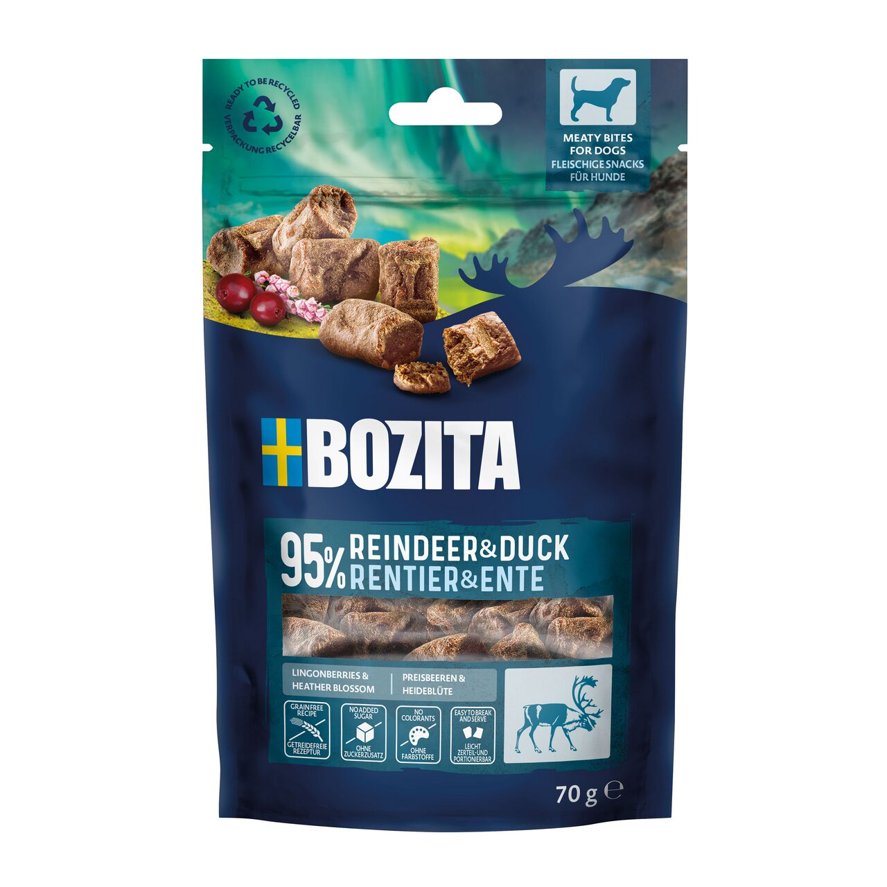 Bozita Fleischsnacks Rentier & Ente für Hunde, mit Preiselbeeren und Heideblüte, 95 % Fleischanteil, 70 g.