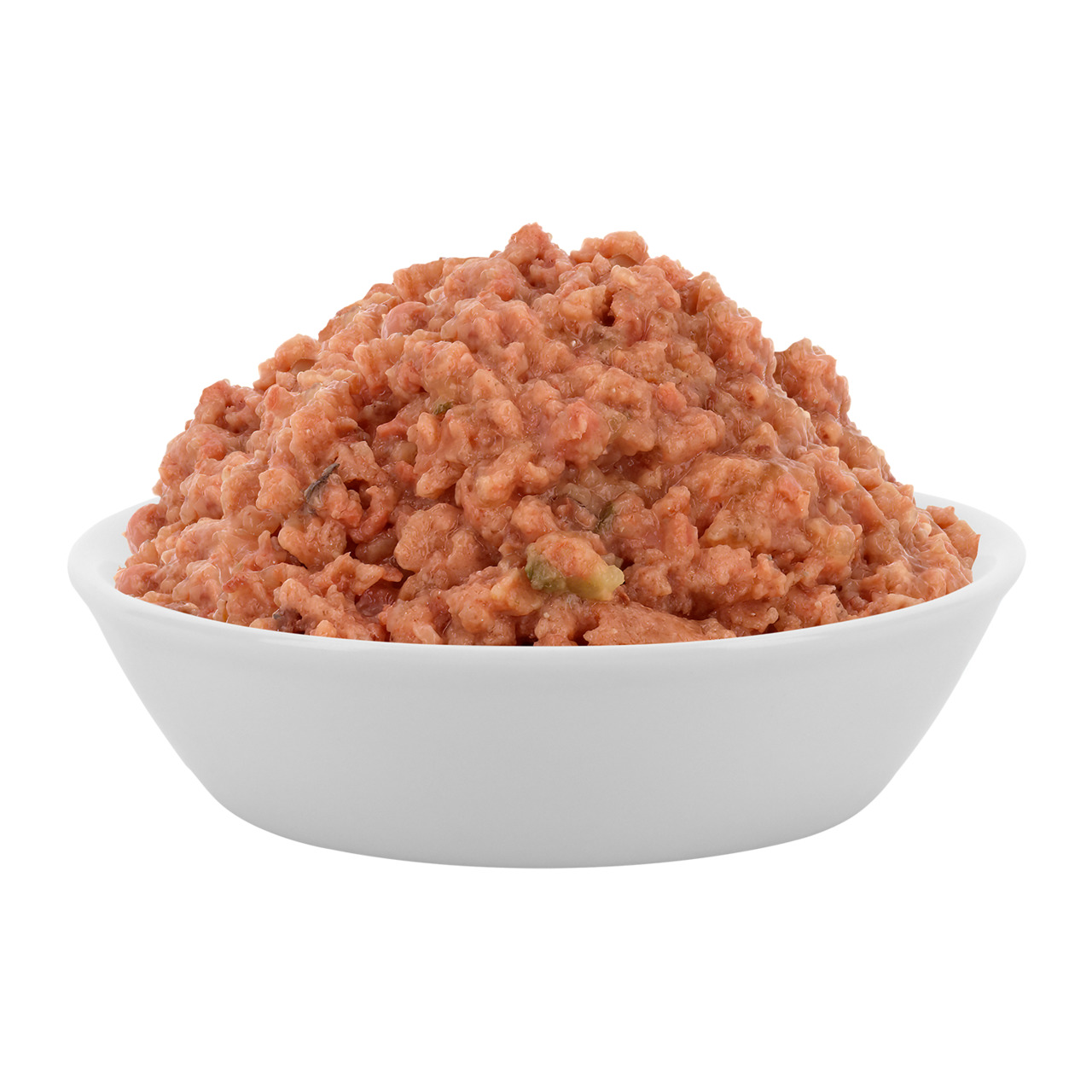 Das Bild zeigt eine weiße Schale, die mit Lucky Lou Nassfutter für Hunde gefüllt ist. Das Futter ist speziell für Hunde geeignet und hat die Geschmacksrichtung Rind mit Gemüse. Es handelt sich um eine saftige, fleischige Mischung, die eine ausgewogene Ern