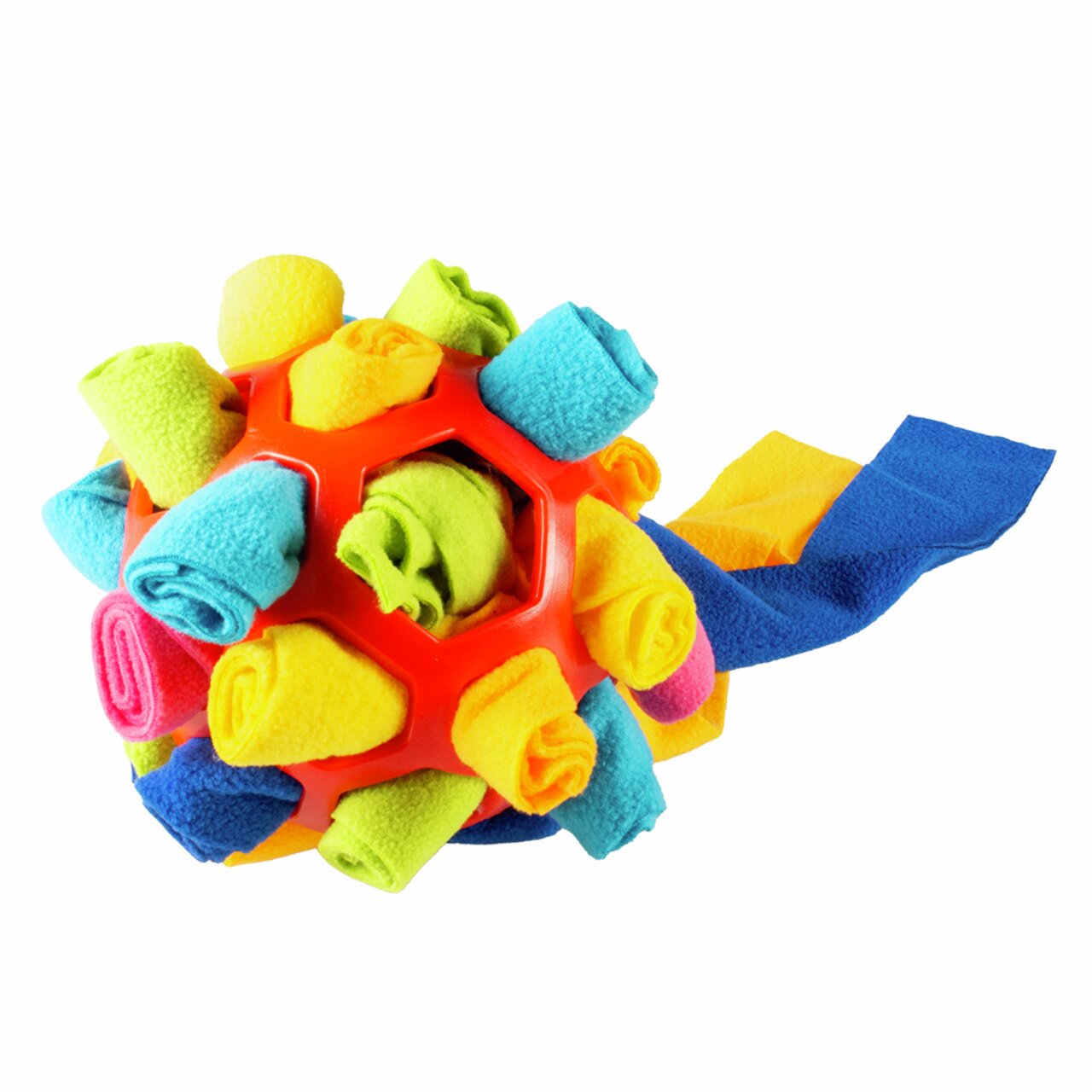 duvoplus Snuffelbal für Hunde, rot, Kunststoff, mit bunten Stoffstreifen (Gelb, Blau, Grün, Pink), mentale Stimulation, Beschäftigung.