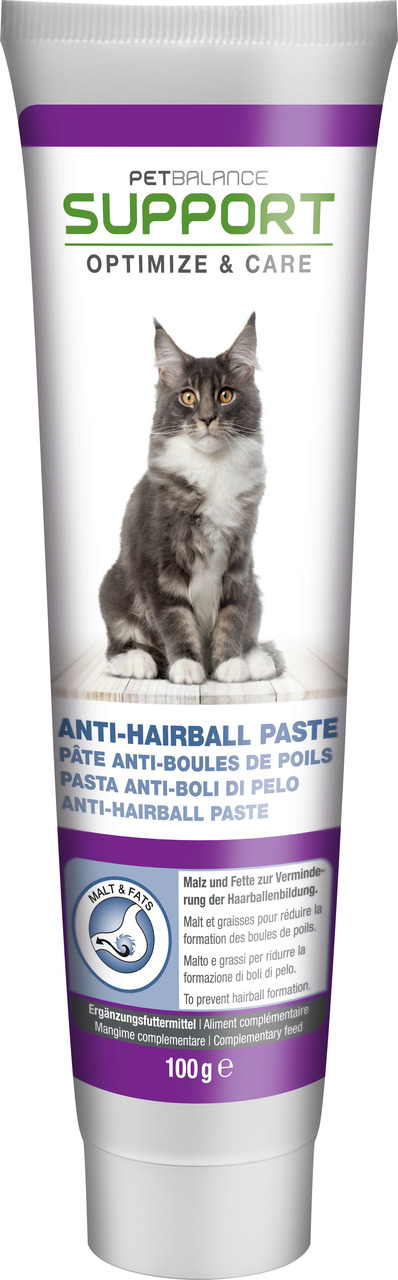 Das Bild zeigt eine Tube der Marke PetBalance mit der Aufschrift „Support Optimize & Care“. Es handelt sich um eine Anti-Hairball-Paste für Katzen, die Haarballenbildung reduziert. Die Tube enthält 100 g und ist als Ergänzungsfuttermittel gekennzeichnet. 