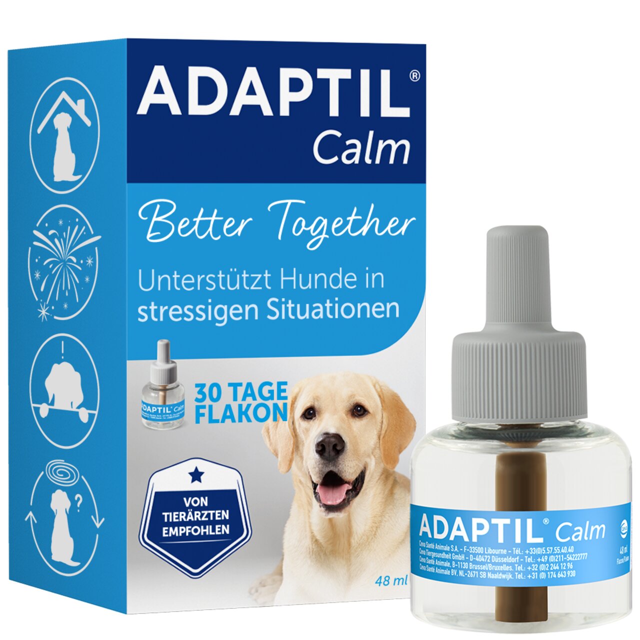 ADAPTIL Calm, Beruhigungsmittel f. Hunde, 48 ml Verdampfer (30 Tage), hilft bei Stress (z. B. Feuerwerk-Reisen), Tierärzte empfehlen.
