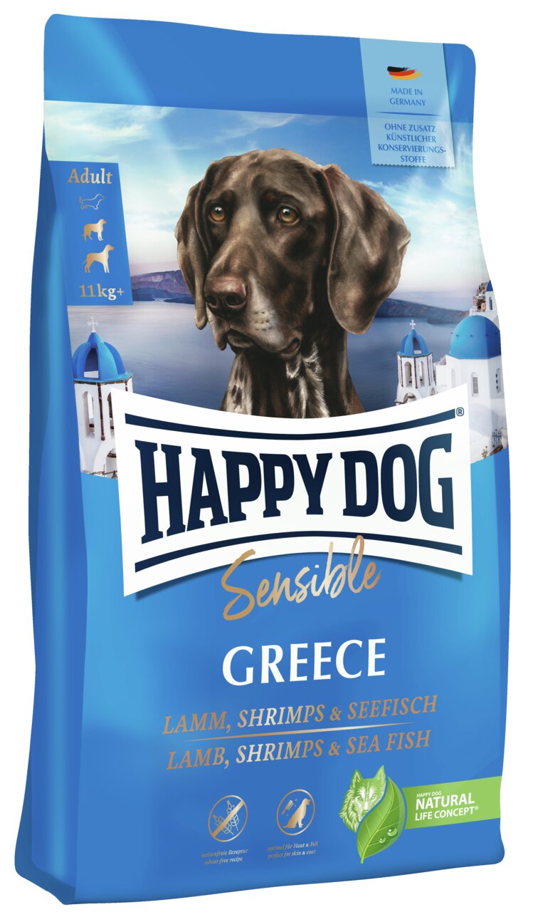 Happy Dog Sensible Greece Hundefutter für Erwachsene, Geschmacksrichtung Lamm, Shrimps & Seefisch, 11 kg.