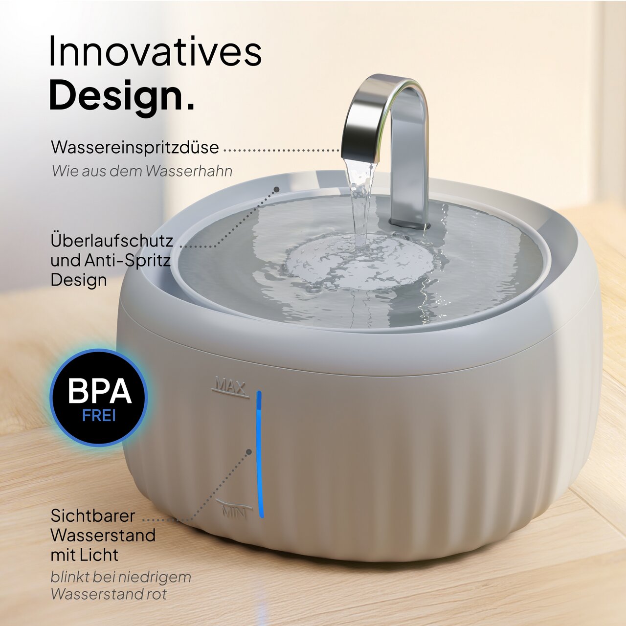 PRETTY PAW Trinkbrunnen, Haustiere (Katzen-kleine Hunde), Wasserhahn-Design, Lichtanzeige, BPA-frei, ideal f. Hydration, 125 ml.