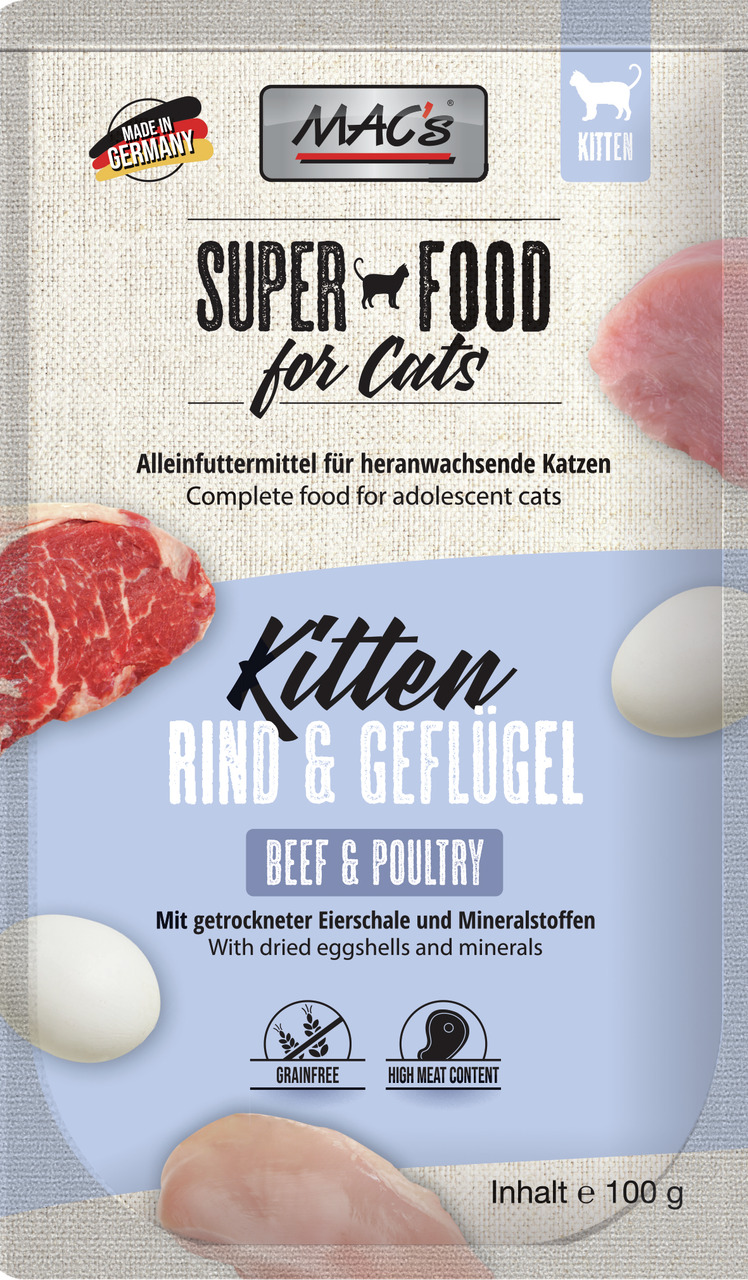 MAC's Superfood for Cats, Kitten, Rind & Geflügel, getreidefrei, hoher Fleischanteil, 100 g, angereichert mit Eierschale, Made in Germany