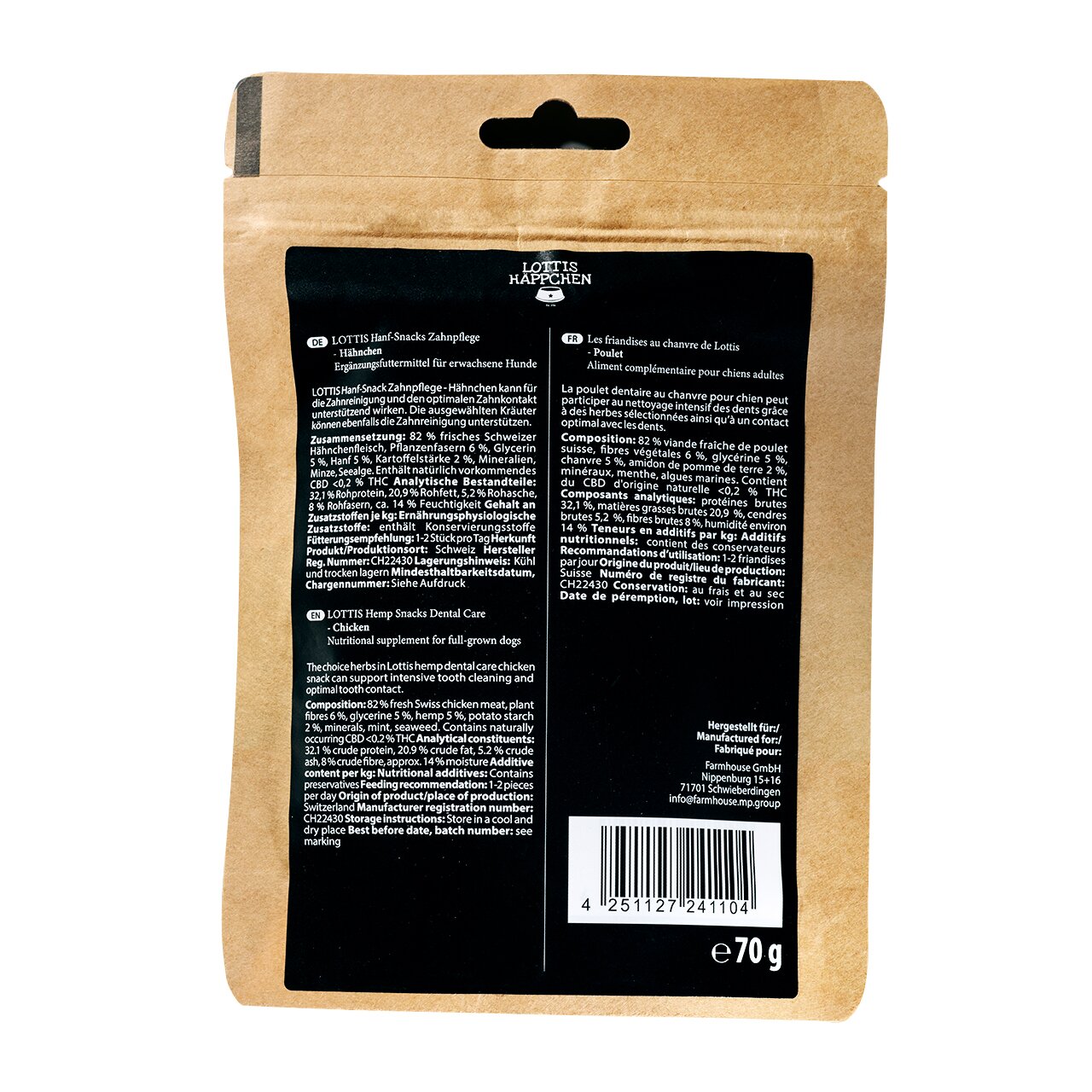 LOTTIS HÄPPCHEN Hanf-Snacks für erwachsene Hunde, Geschmacksrichtung Hähnchen, Zahnpflege, Inhalt 70 g.