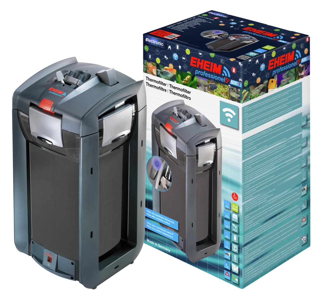 Das Bild zeigt den EHEIM professionel 5e 600T Thermofilter, ein hochwertiges Aquarium-Zubehör für Aquarienliebhaber. Der Filter ist in einem modernen, dunkelgrauen Design gehalten und wird zusammen mit der Verpackung dargestellt. Die Verpackung hebt Funkt