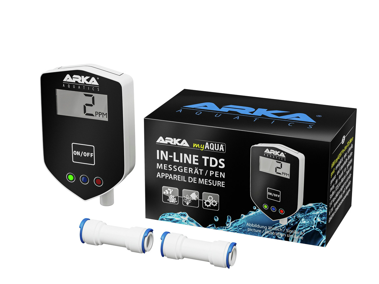 ARKA myAQUA IN-LINE TDS Messgerät, für Aquaristik, misst TDS im Wasser, inkl. Display (2 PPM), 2 Anschlüsse, Originalverpackung.