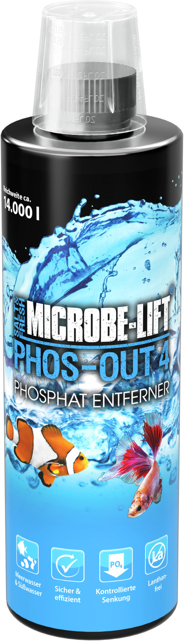 MICROBE-LIFT PHOS-OUT 4, Phosphatentferner f. Meer--Süßwasseraquarien, 473 ml, sicher, lanthanfrei, reicht f. ca. 14.000 l.