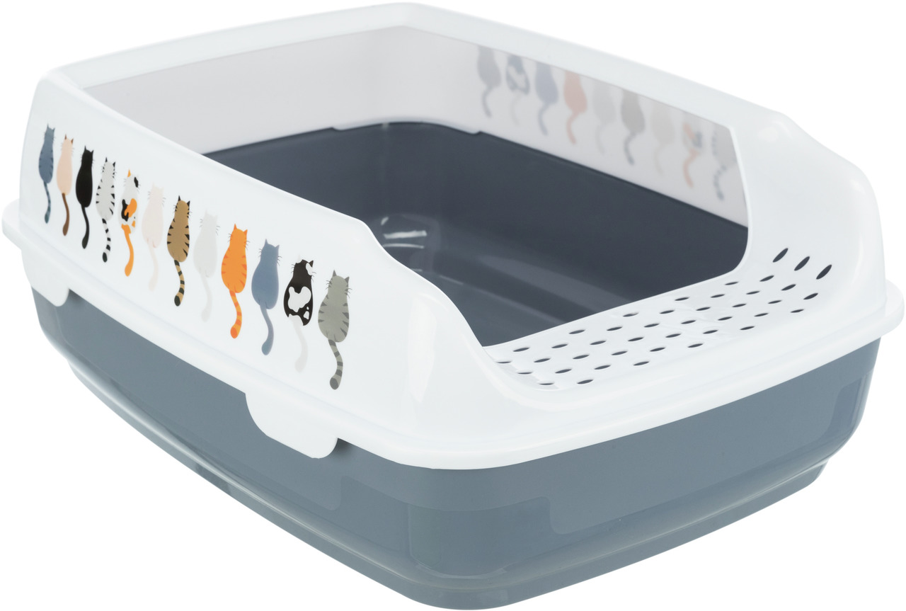 TRIXIE Katzentoilette „Vico“, offen, für Katzen aller Altersgruppen, Weiß-Grau, mit Rand u. Löchern, hygienisch, Katzendesign.