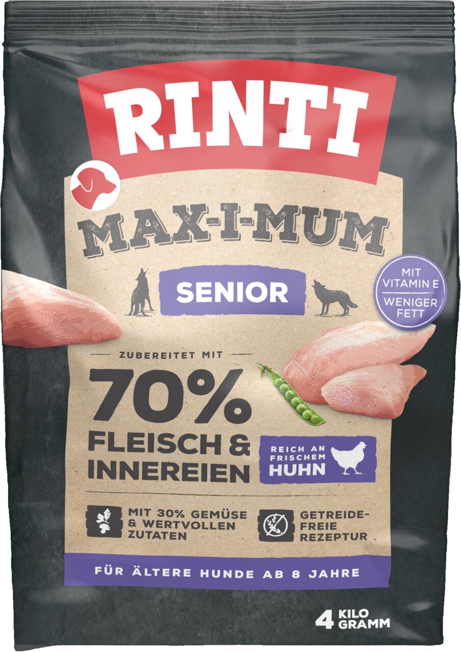 RINTI Max-I-Mum Senior Huhn für ältere Hunde ab 8 Jahren, 4 kg. 70 % Fleisch & Innereien, getreidefrei, mit Gemüse und Vitaminen.