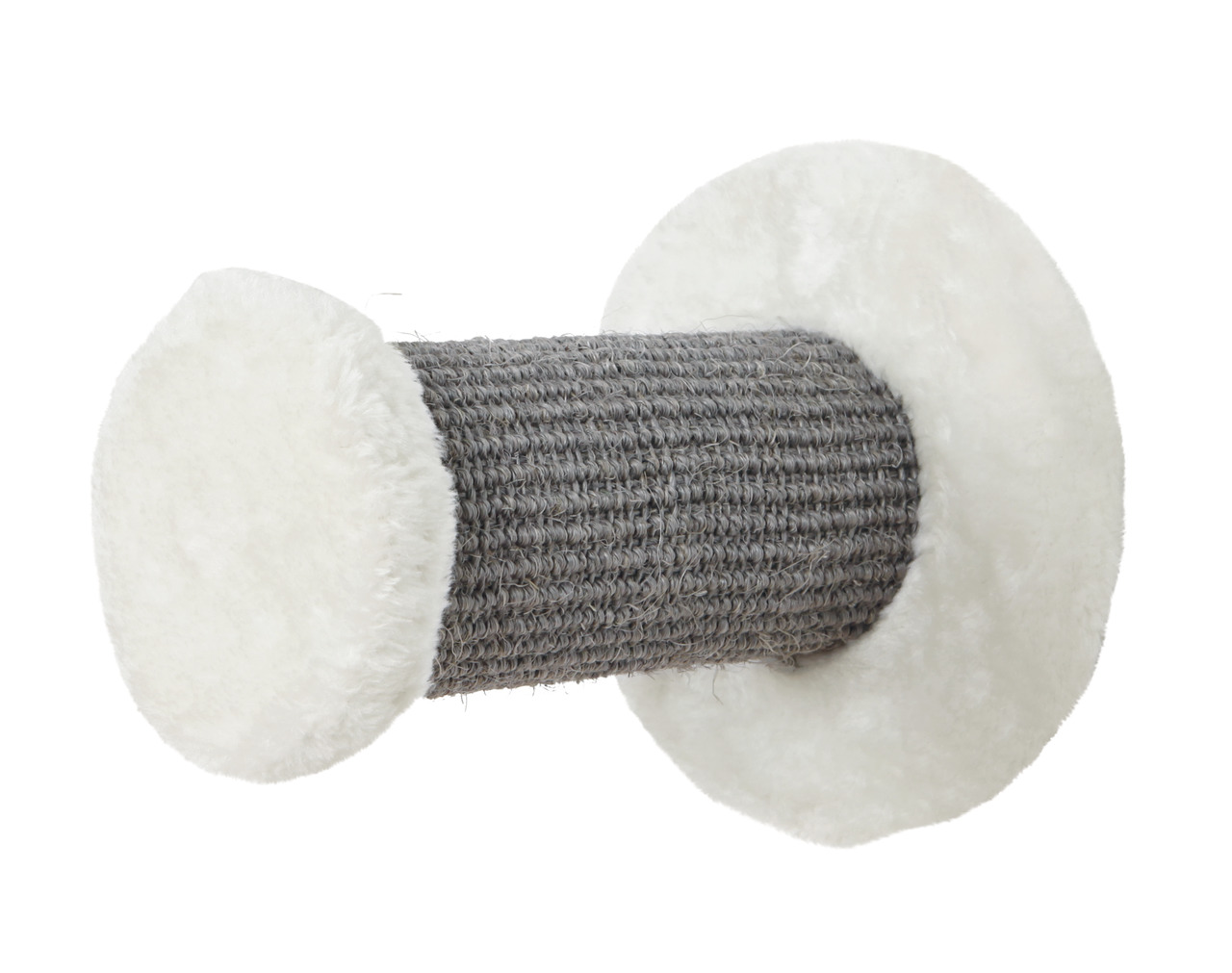 Das Bild zeigt den TRIXIE Kratzstamm für Katzen, geeignet für alle Altersgruppen. Der Stamm besteht aus robustem Sisal in Grau und ist an beiden Enden mit weichem, weißem Plüsch versehen. Ideal zur Krallenpflege und Beschäftigung. Perfekt für Katzenhalter