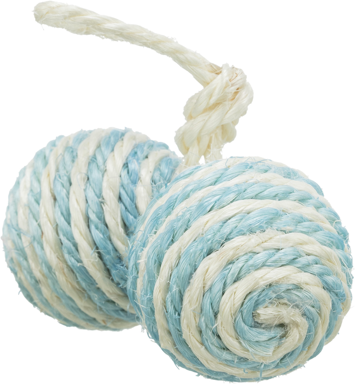 Zwei miteinander verbundene Spielbälle aus robustem, geflochtenem Seil in den Farben Blau und Weiß. Das Produkt „TRIXIE Spielbälle aus Baumwollseil“ ist für Katzen und kleine Hunde geeignet. Es fördert die Zahnpflege und bietet langanhaltenden Spielspaß. 