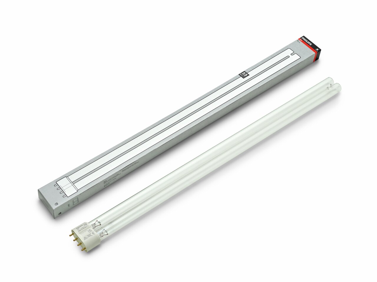 Philips TUV PL-L 55W/4P UV-C-Lampe, länglich, 2 Röhren, weißer Sockel, 4 Pins, Verpackung mit Philips-Logo u. Lampendarstellung.