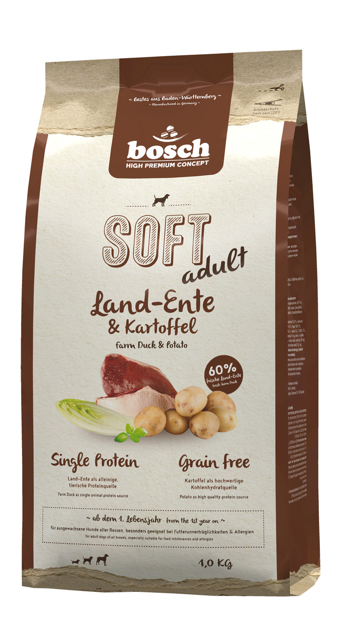 Das Bild zeigt eine Packung Hundefutter der Marke bosch High Premium Concept mit der Sorte "Soft Adult Land-Ente & Kartoffel". Es handelt sich um ein getreidefreies Alleinfuttermittel für ausgewachsene Hunde aller Rassen. Die Geschmacksrichtung ist Land-E