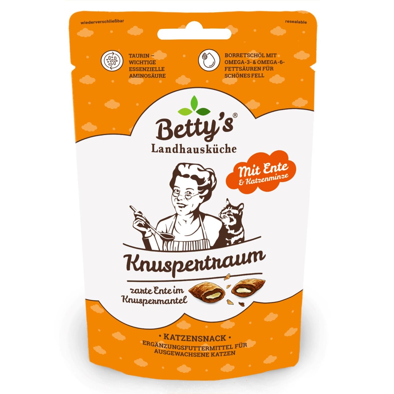Betty's Landhausküche Knuspertraum Katzensnack für ausgewachsene Katzen, mit Ente und Katzenminze, zarte Ente im Knuspermantel.