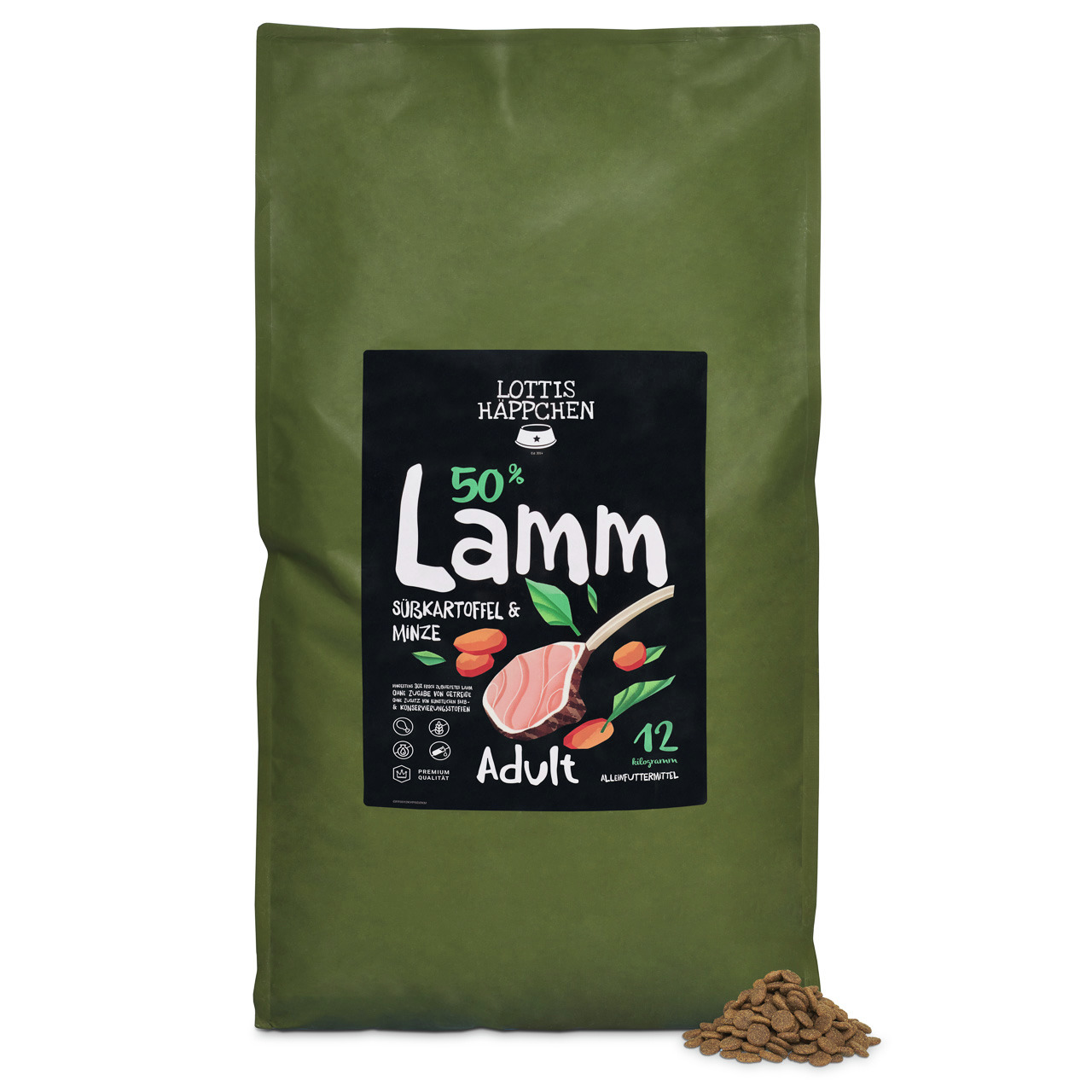 Lottis Häppchen Adult Trockenfutter, 50 % Lamm, Süßkartoffel & Minze, für Hunde, 12 kg, Alleinfutter.