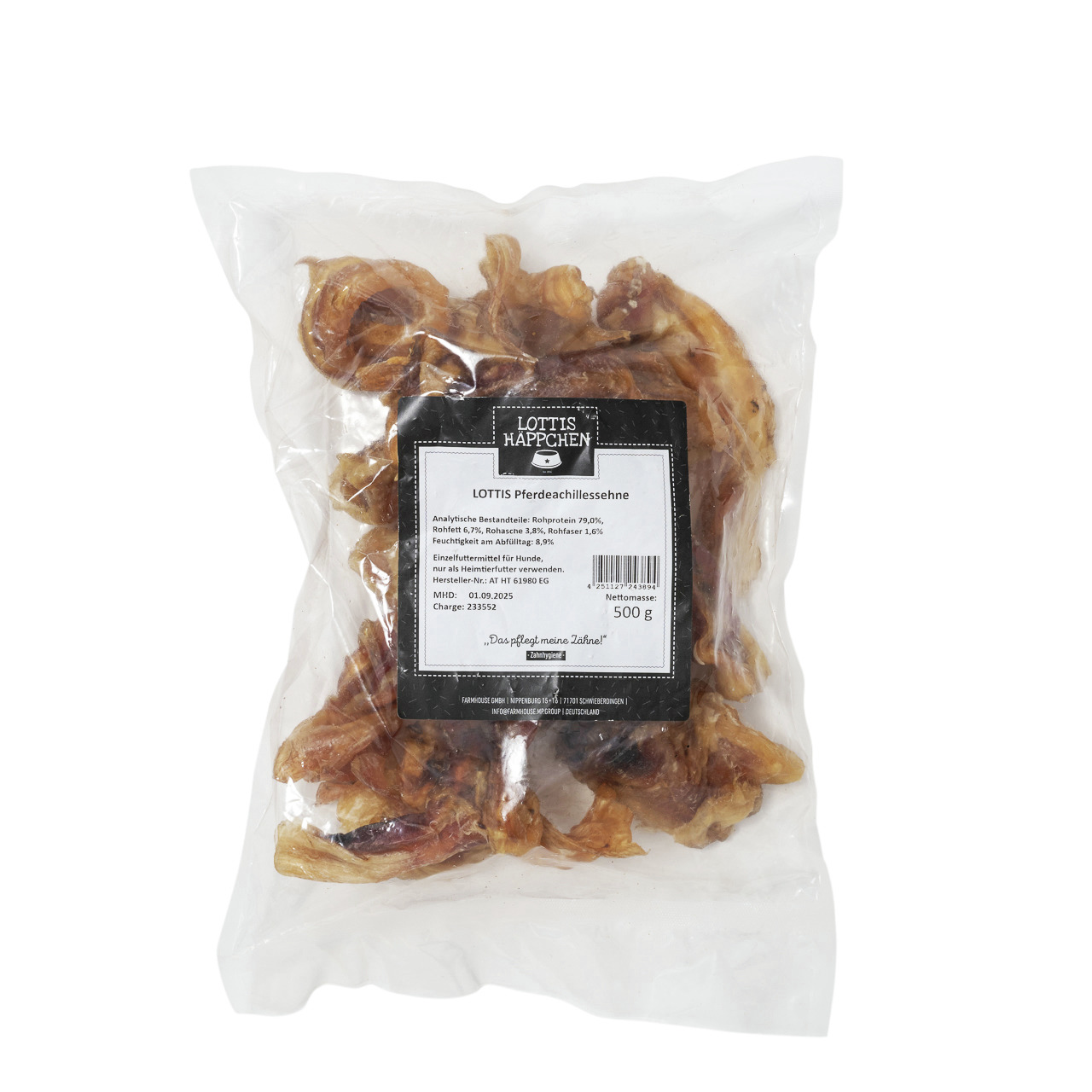 Das Bild zeigt eine transparente Verpackung mit 500 g LOTTIS HÄPPCHEN Pferdeachillessehne, einem Einzelfuttermittel für Hunde. Die Zielgruppe sind Hundehalter, die auf natürliche und proteinreiche Snacks setzen. Die Verpackung enthält getrocknete Sehnen, 